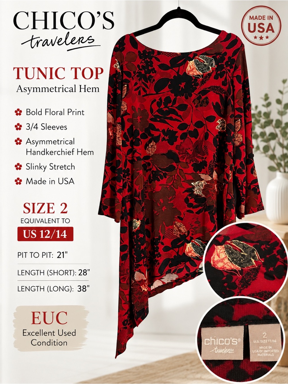 Chico's Travelers Size 2 L 12/14 Red Floral Asymmetrical Hem Tunic Top